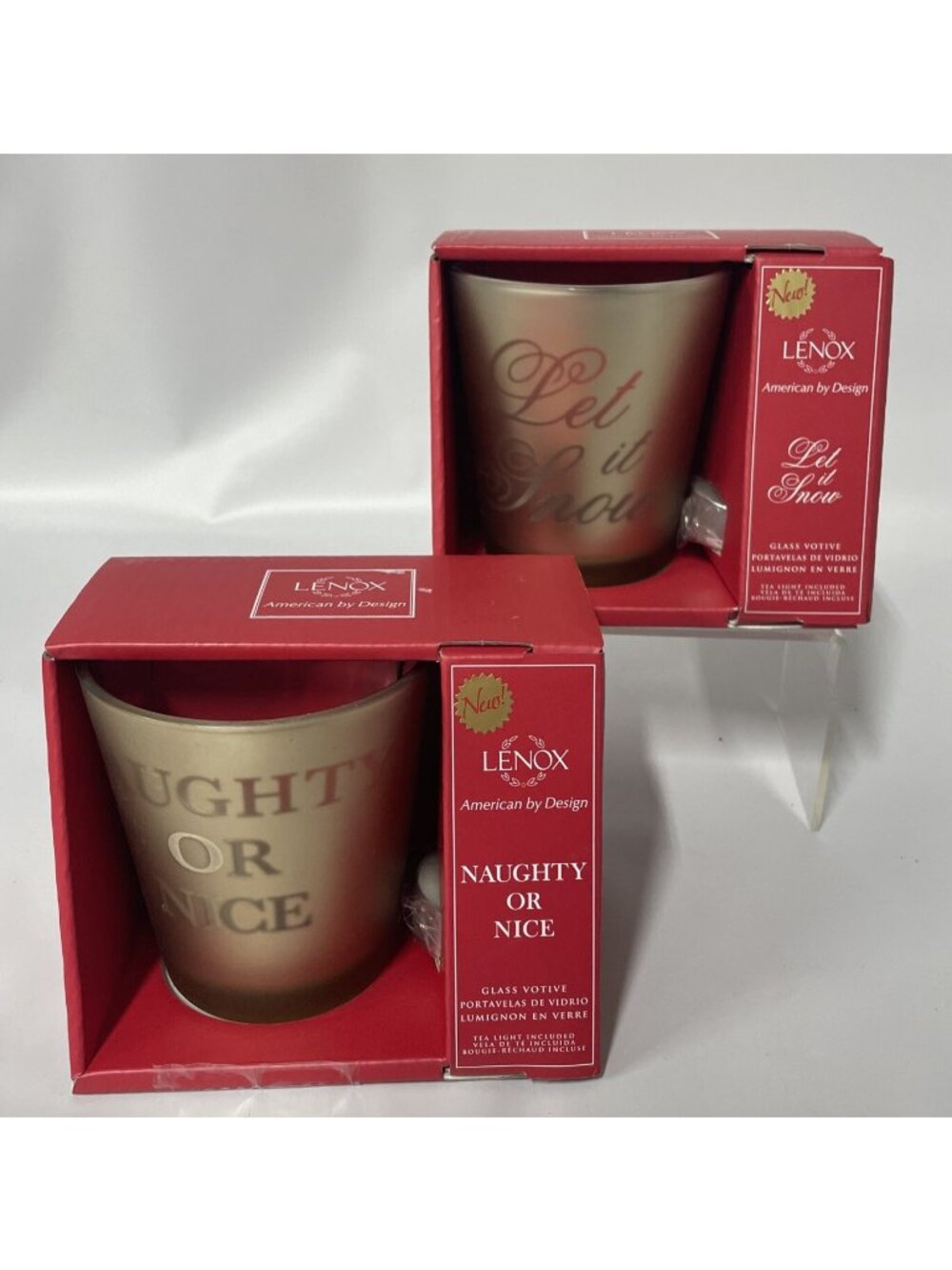 2 Lenox ~ Golden Holidays ~ 'Let It Snow' & Naughty or Nice Glass Votive 4”
